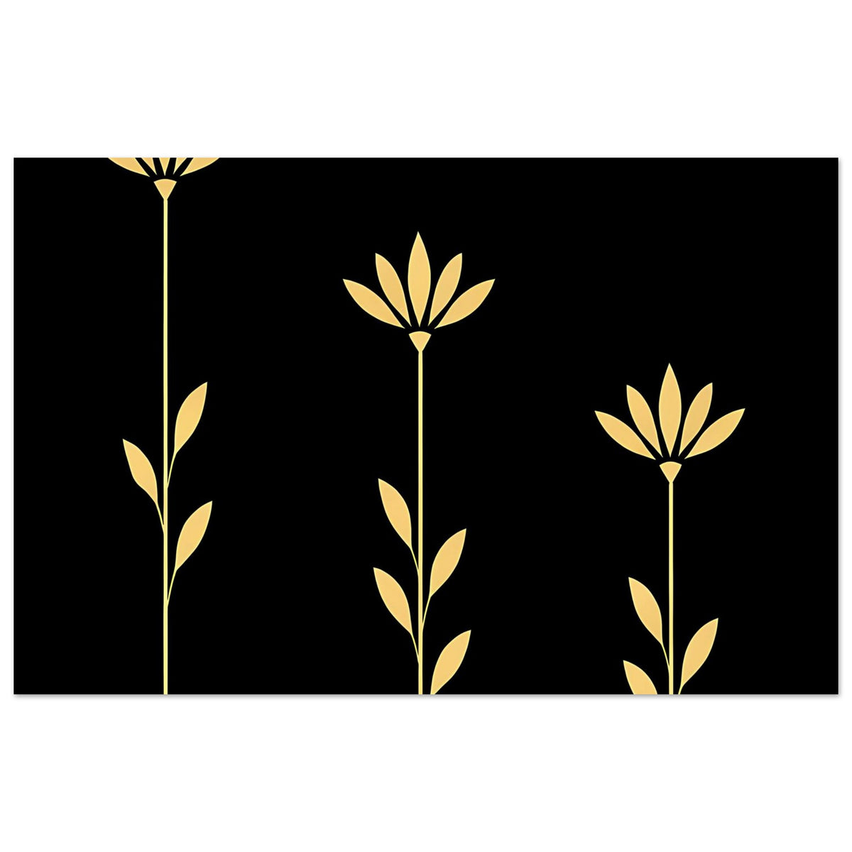 Horizontales Poster mit goldenen Blüten und zarten Blattzweigen auf dunklem Grund