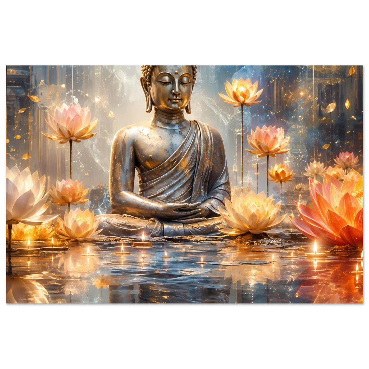 Poster mit sitzendem Buddha in Gold und orangefarbenen Lotusblüten