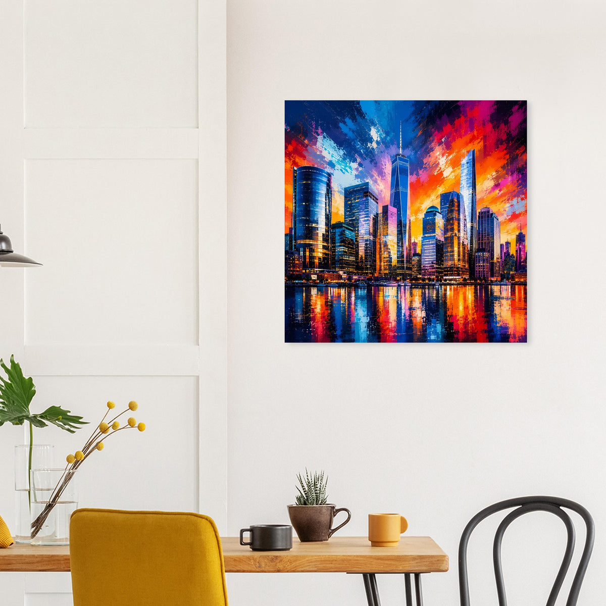 Wandposter mit leuchtender Stadtskyline in Blau, Orange und Pink, reflektiert im Wasser.