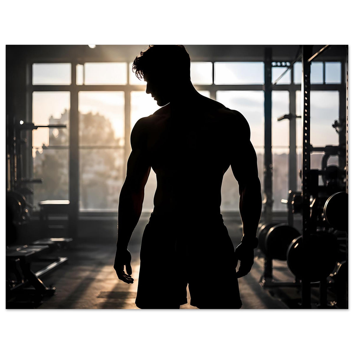 Fitness-Poster mit männlicher Silhouette, Ganzkörperansicht mit markantem Rand