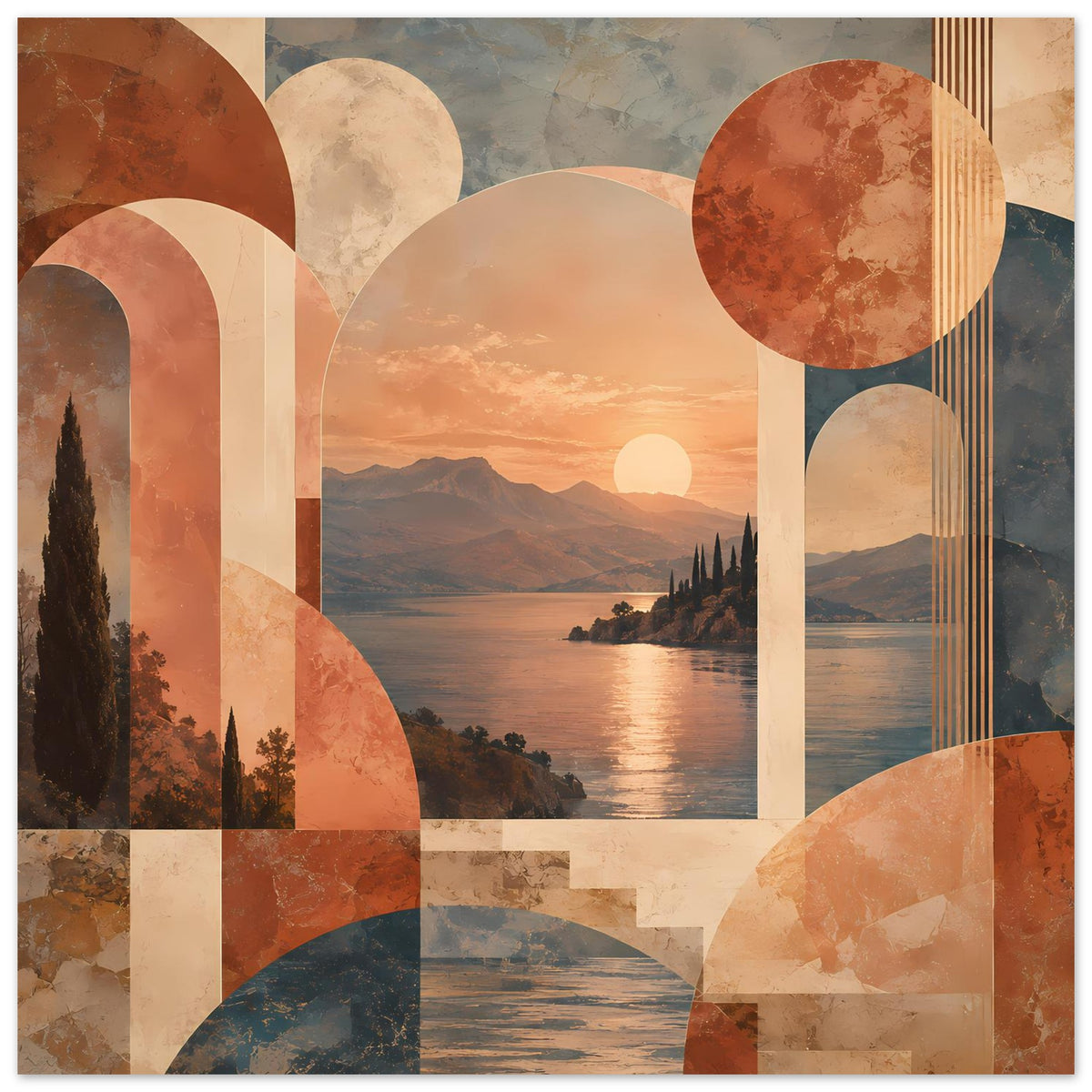 Abstraktes Poster: Sonnenuntergang über Wasser, Kreise und Bögen in warmen Erdtönen