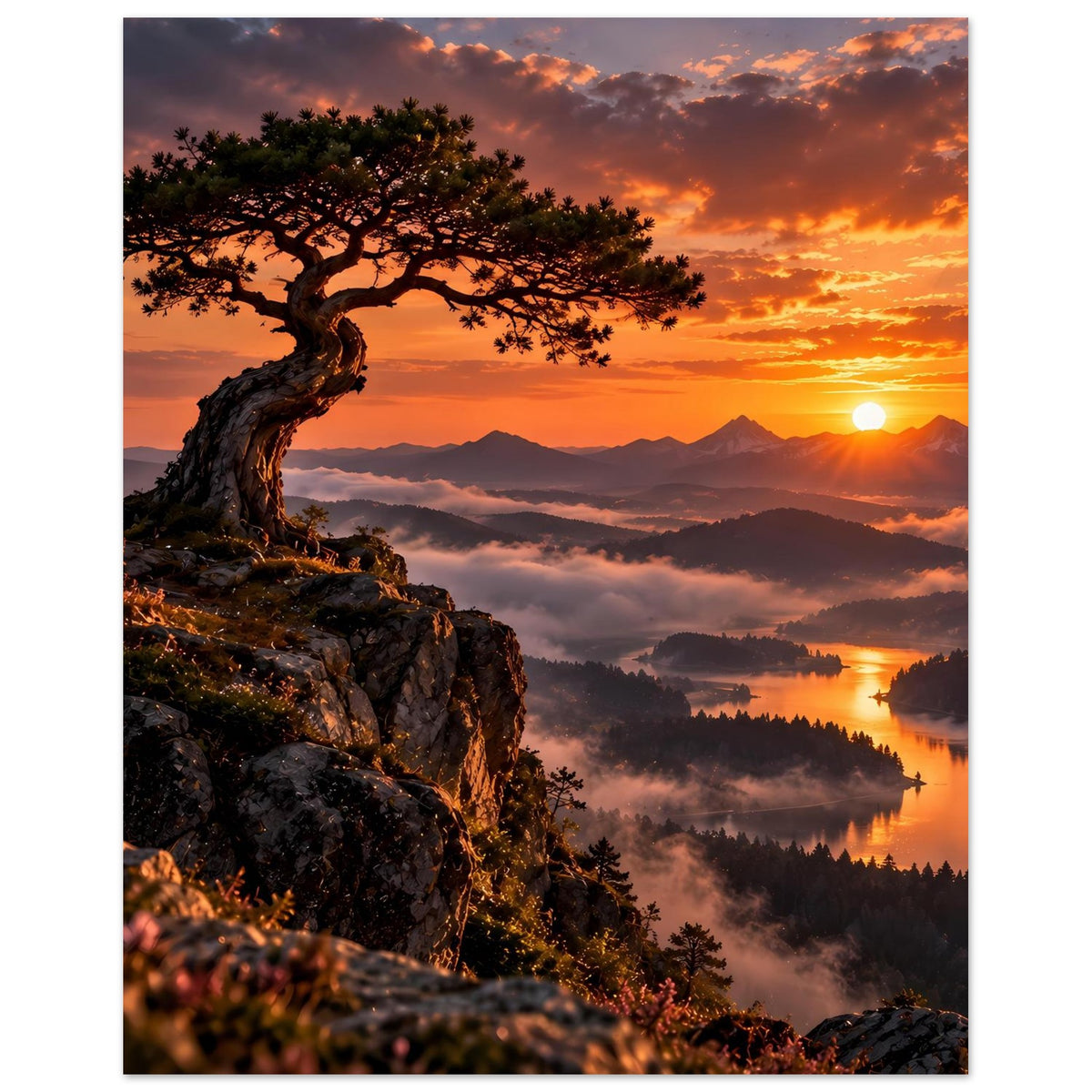 Landschaftsposter: Baum auf dunklem Felsen, leuchtender Sonnenuntergang, See mit Dunst und Hügeln