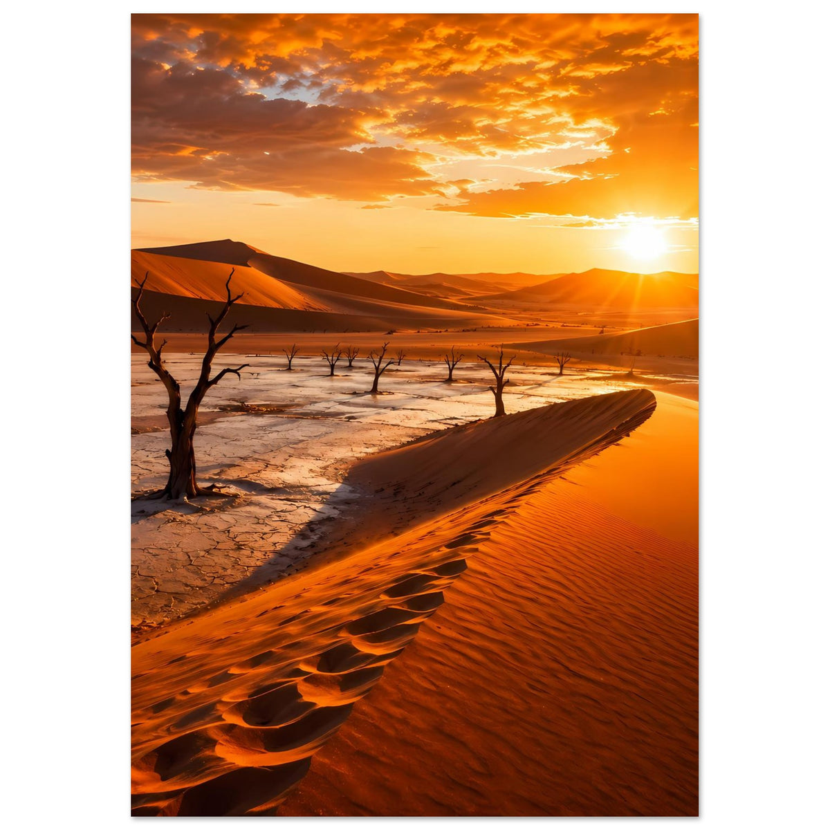 Poster im Hochformat: orange Dünenlandschaft, Sonne am Horizont, trockener Boden und kahle Bäume