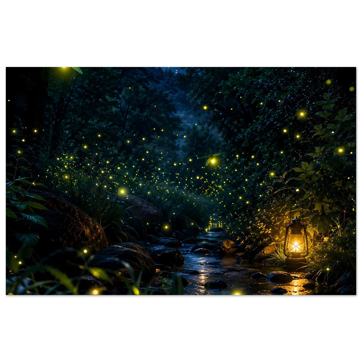 Poster mit nächtlichem Wald, leuchtenden Glühwürmchen und Laterne am Weg