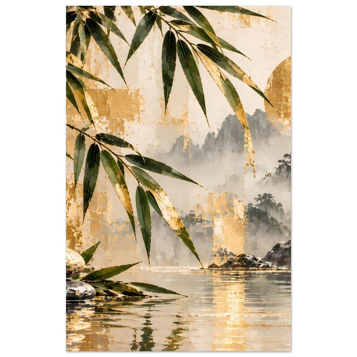 Zen-Bambus-und-Wasserfallposter mit Bambusblättern, goldem Hintergrundbogen und Wasserreflex
