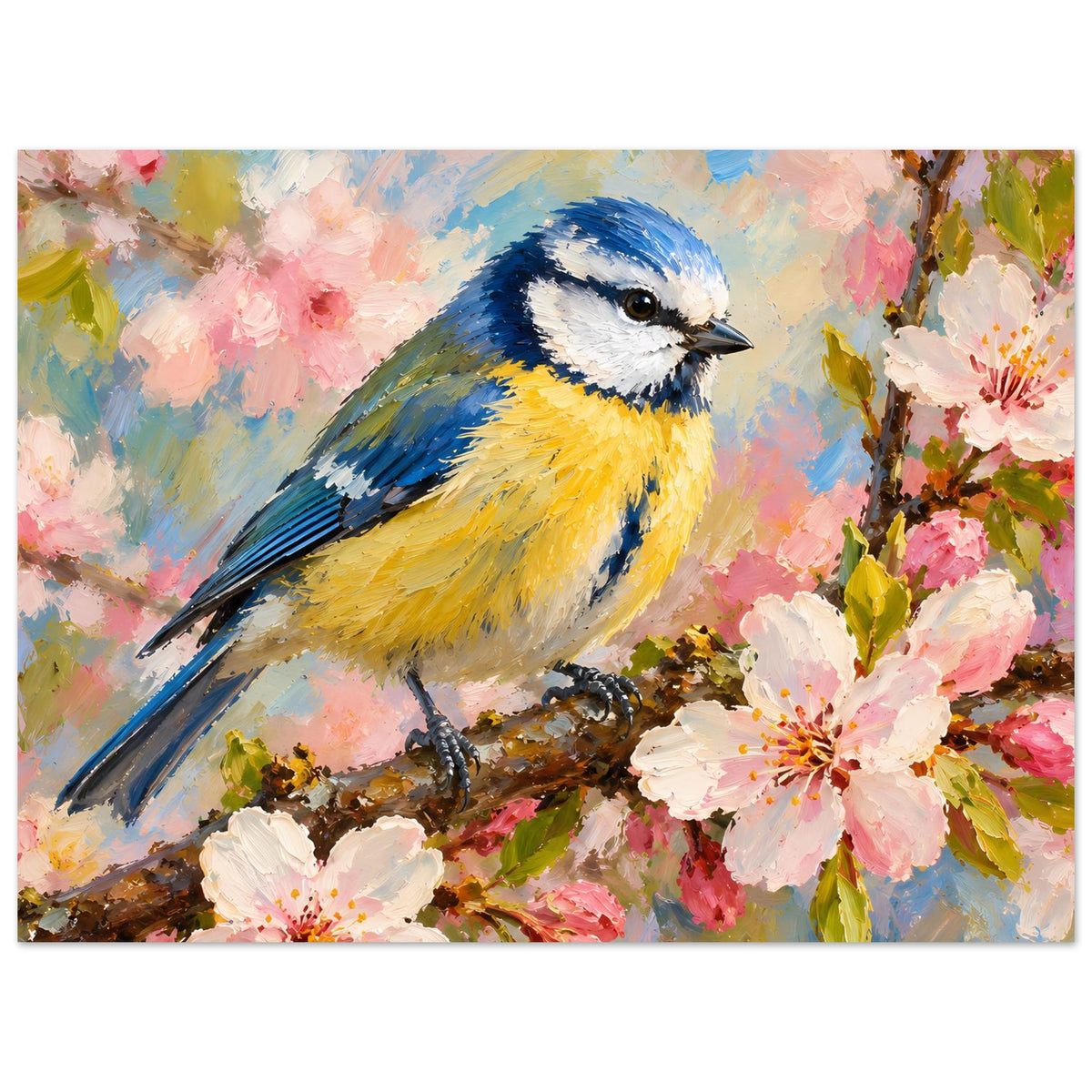 Großformatiges Poster mit blau-gelbem Vogel, Ast und vielen rosa Blüten