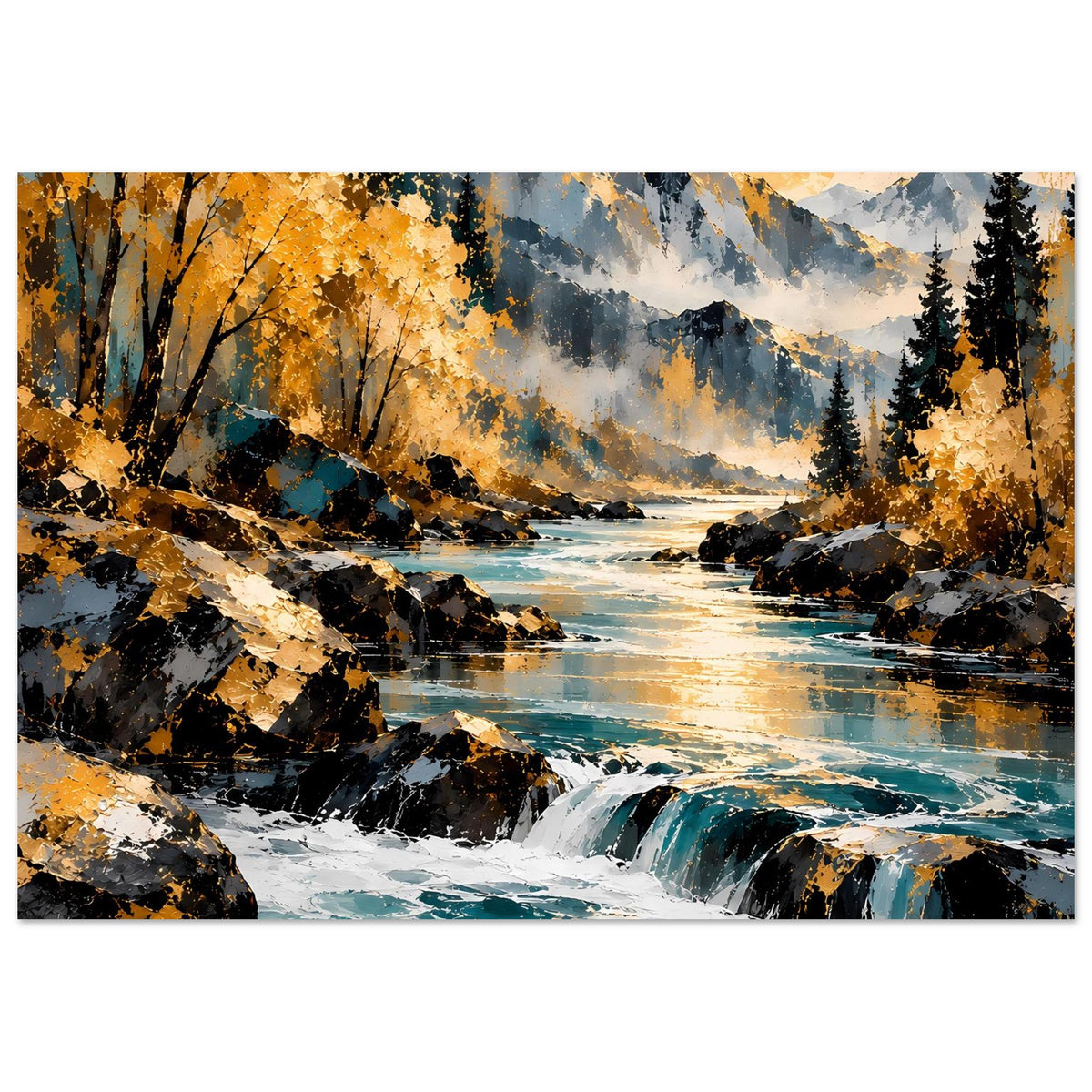 Herbstlandschaft-Poster im Panoramaformat mit Fluss, Wasserfällen und goldenem Laub