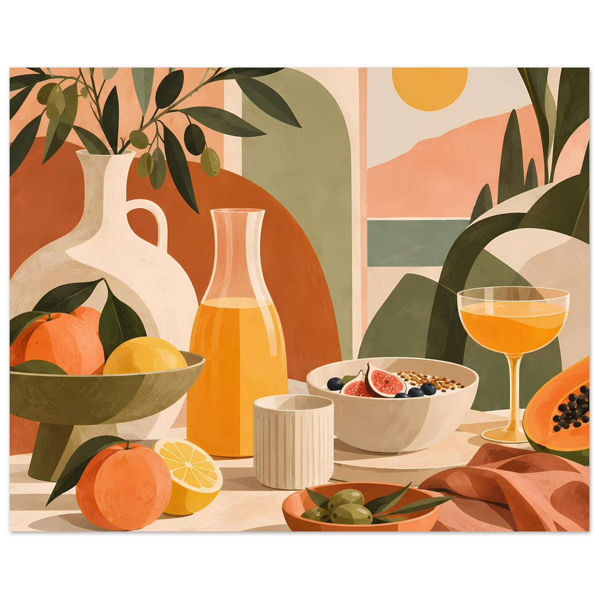 Küchen-Poster im Boho-Stil: Vase, Schüsseln mit Beeren, Obstteller und Weinglas