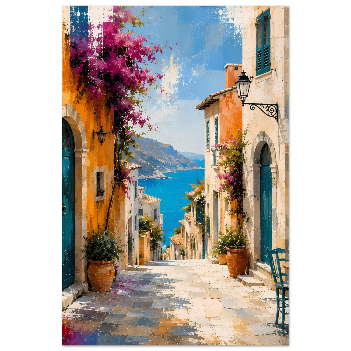 Vertikales Poster: mediterrane Straße zwischen Häusern, türkisgrüne Türen und Meerblick