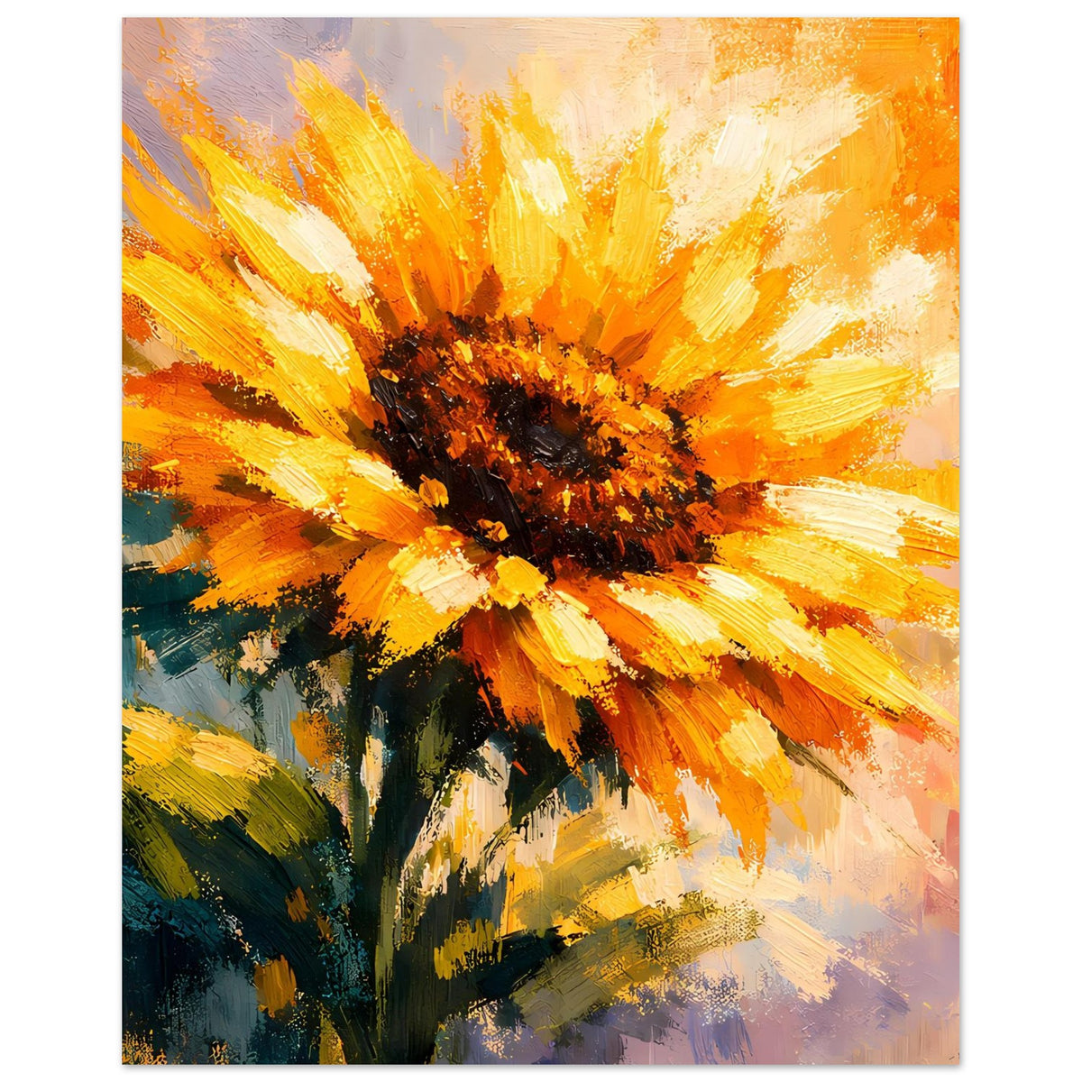 Sonnenblumen-Poster mit gelben Farbstrichen und dunklem Blütenkern, hochkant, gerahmt