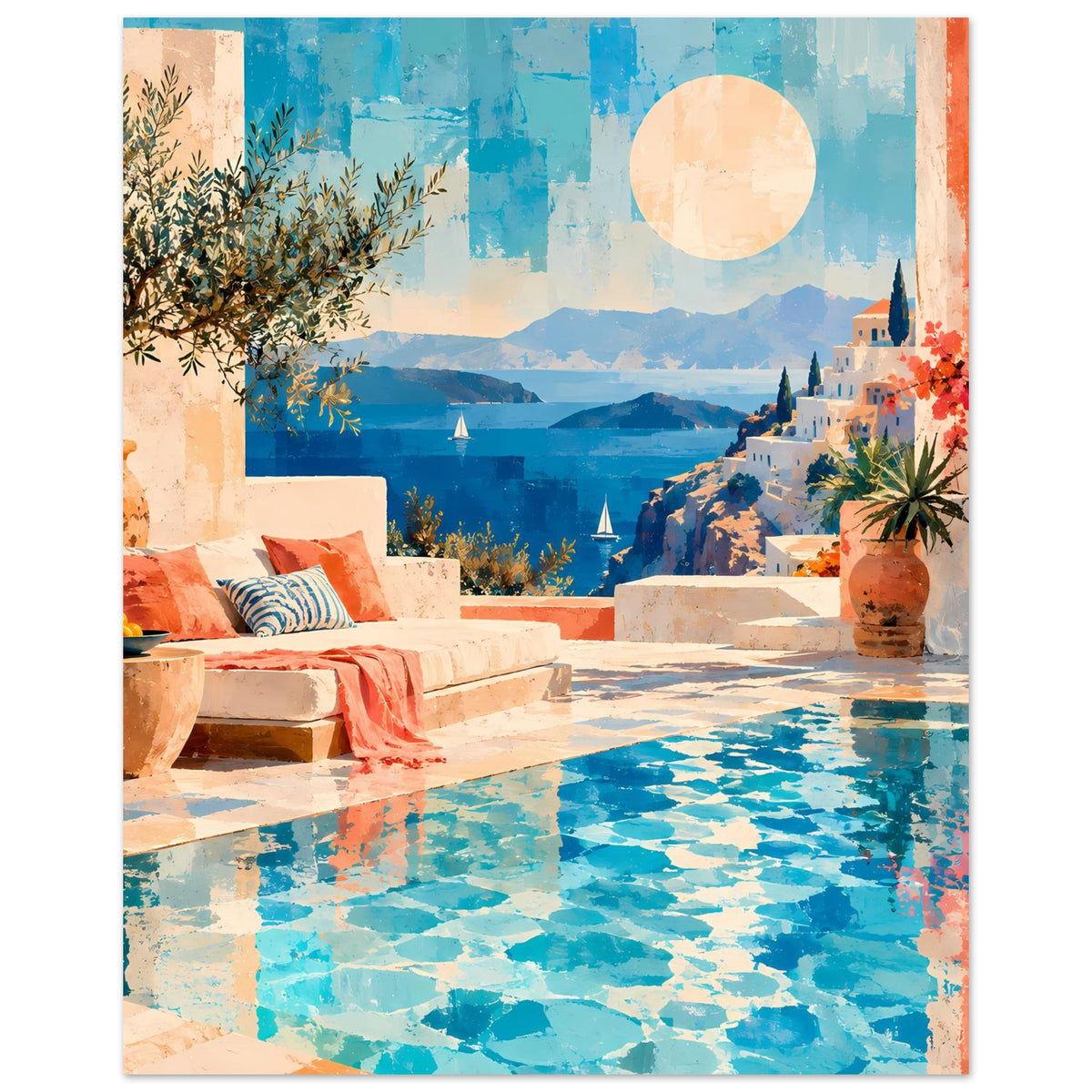 Kunstposter im Hochformat: Poollandschaft, mediterrane Wände, Sonnenscheibe in Beige
