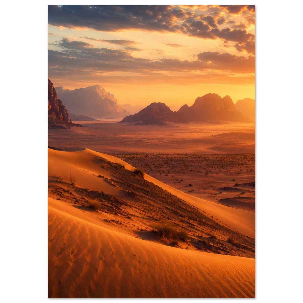 Wüstenlandschaft-Poster im Hochformat: orangefarbener Sonnenuntergang über Sand und Felsen.
