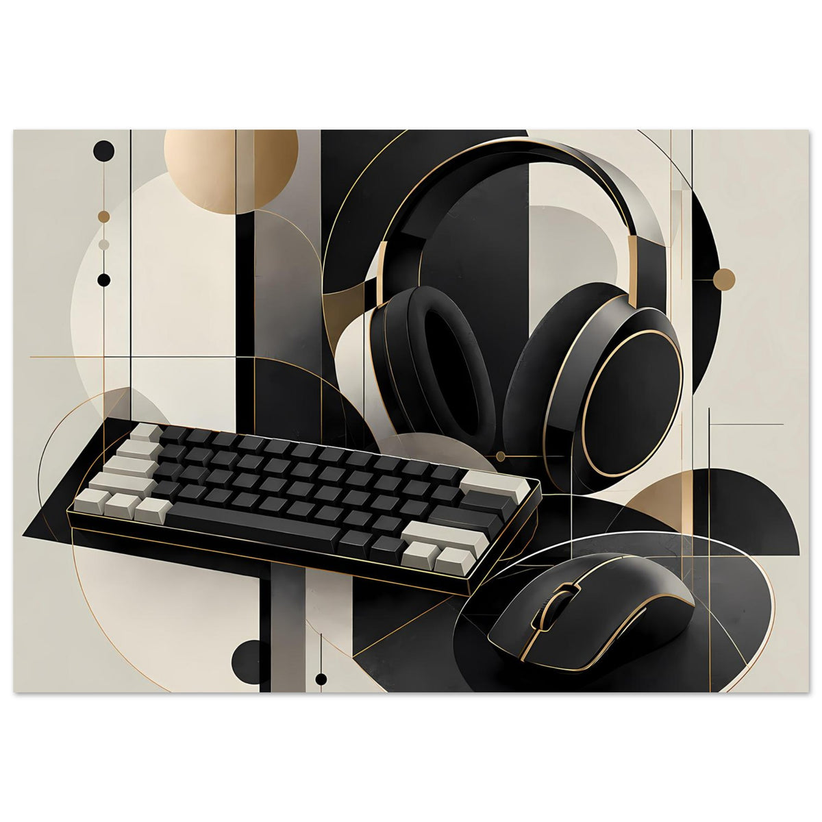 Gaming-Poster mit schwarzer Tastatur, Headset und Maus in geometrischem Gold-und-Beige-Design