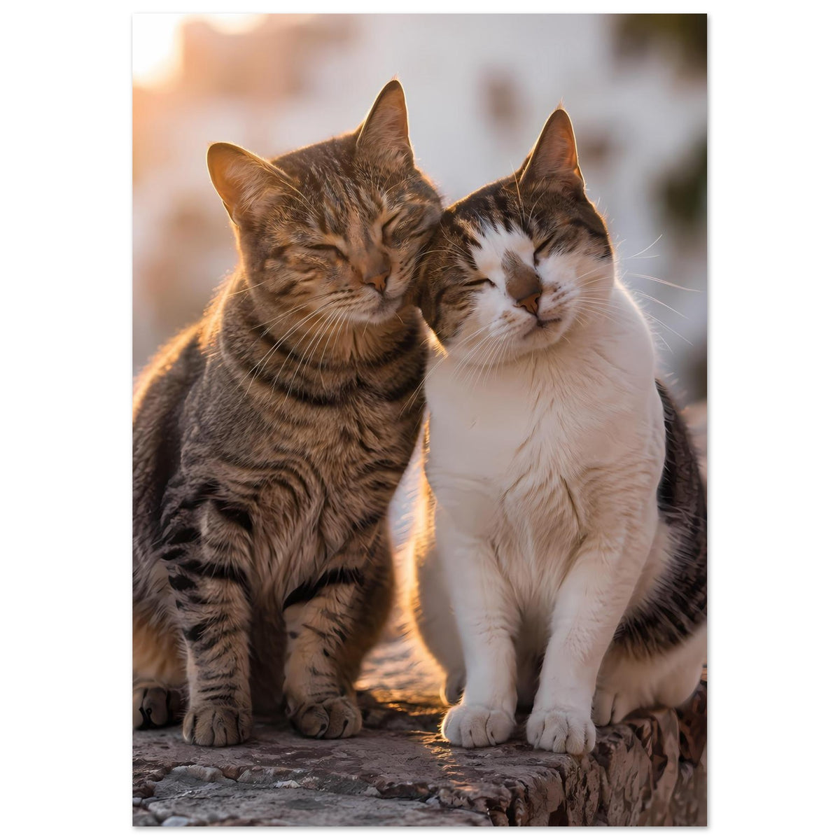 Hochformat-Poster mit zwei kuschelnden Katzen, grau getigert und weiß, geschlossene Augen