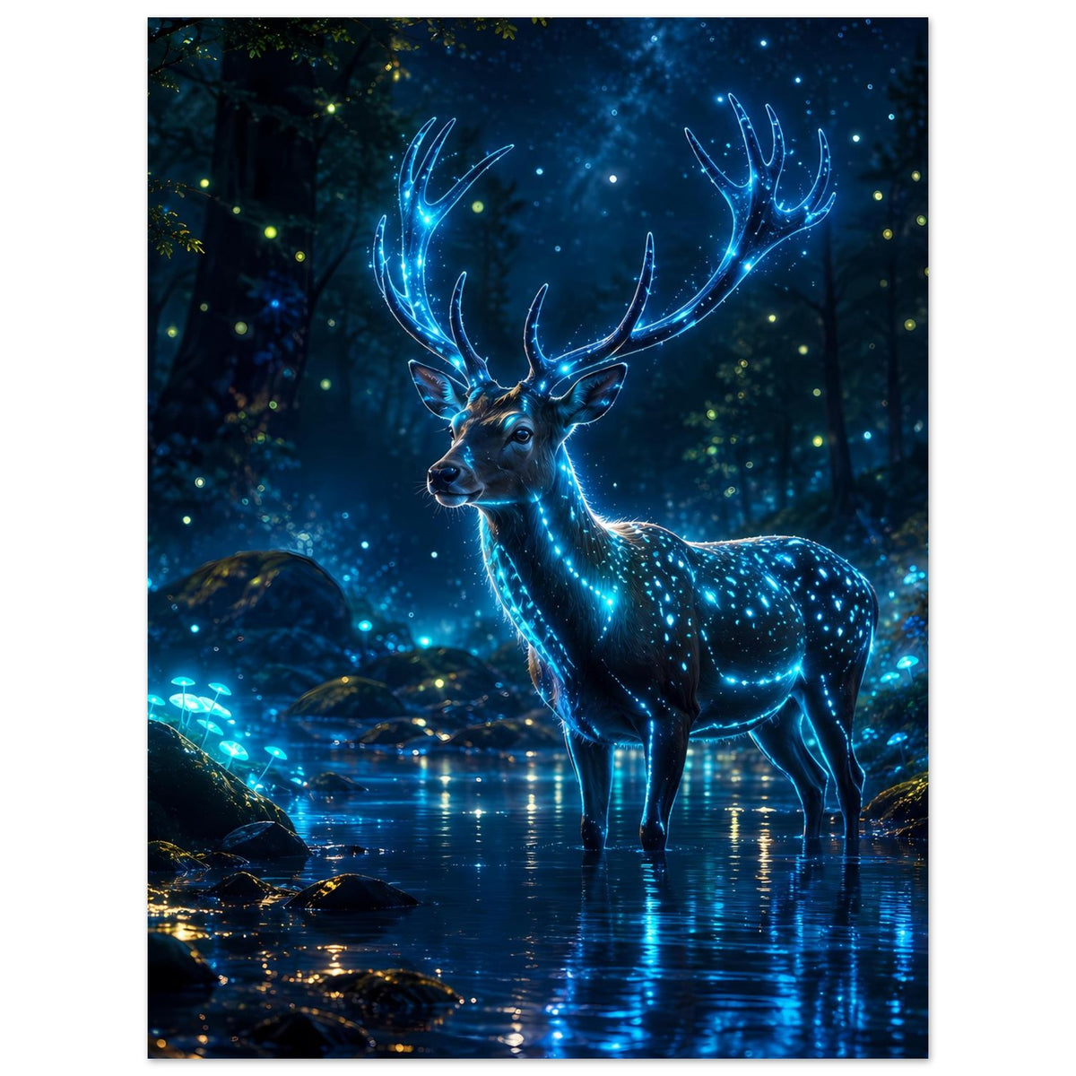 Leuchtendes Hirschmotiv als Poster, blau schimmerndes Geweih und stehender Hirsch am Wasser