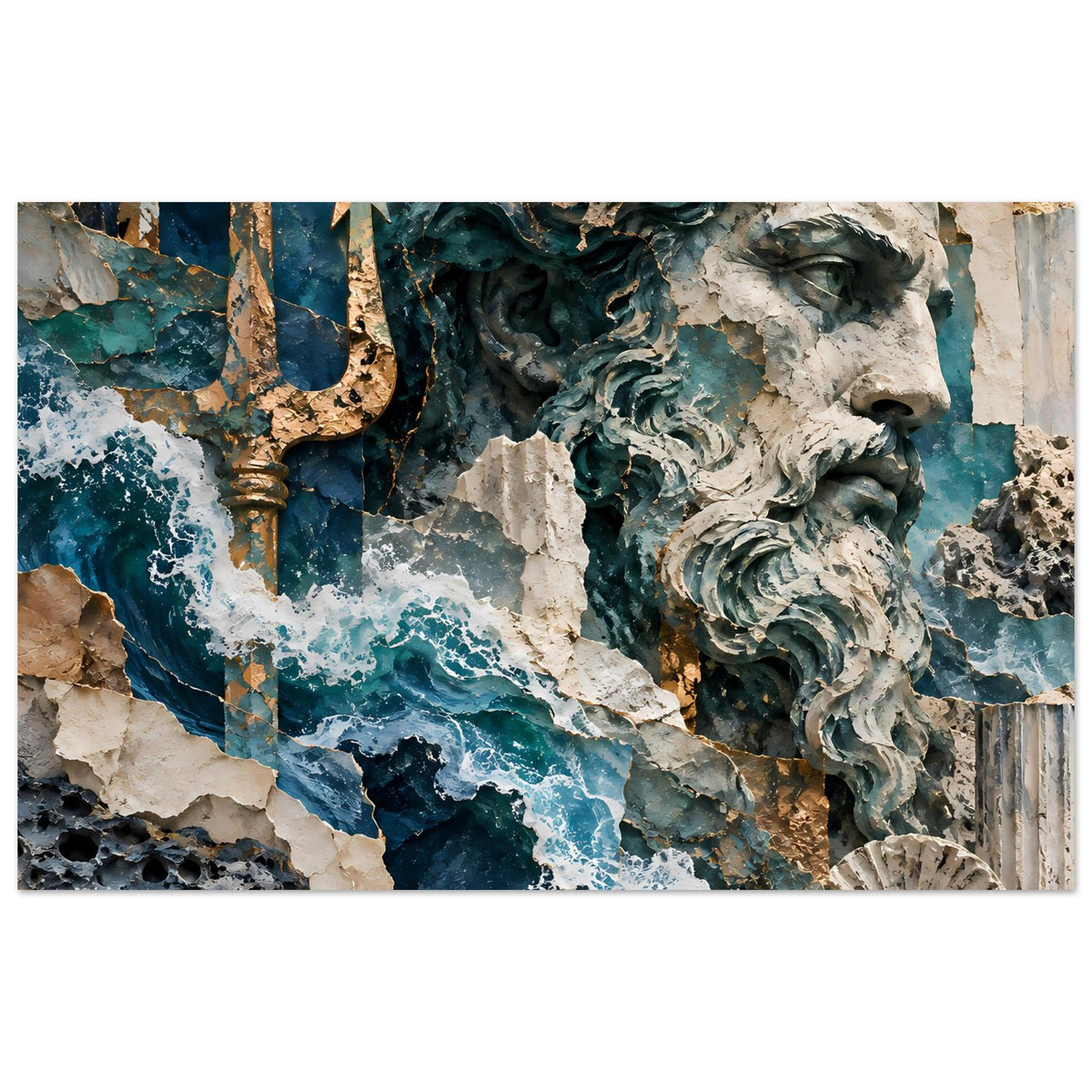 Poster mit Neptun-Relief und blauem Meer, Wellen zwischen steinernen Skulpturen