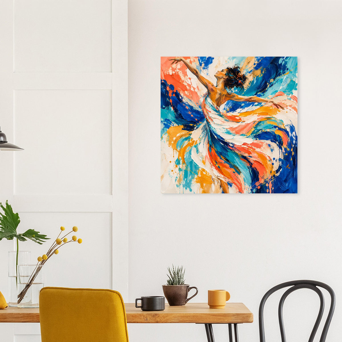 Quadratisches Kunstposter mit abstrakter Tänzerfigur in leuchtendem Blau, Orange und Weiß
