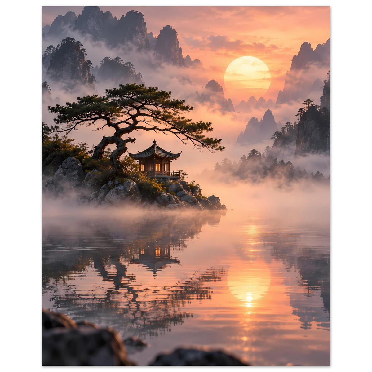 Vertikales Poster mit Sonnenuntergang, Pagode im Dunst, knorrigem Baum und See