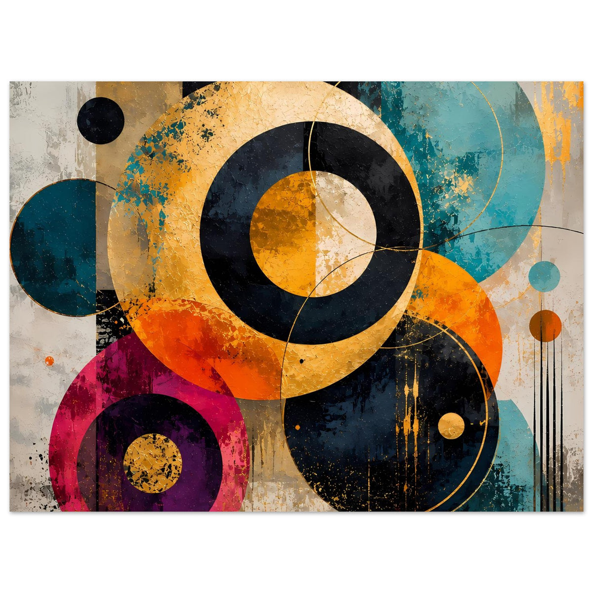 Abstraktes Kreis-Poster mit gold-orangenen und blauen Flächen im Querformat