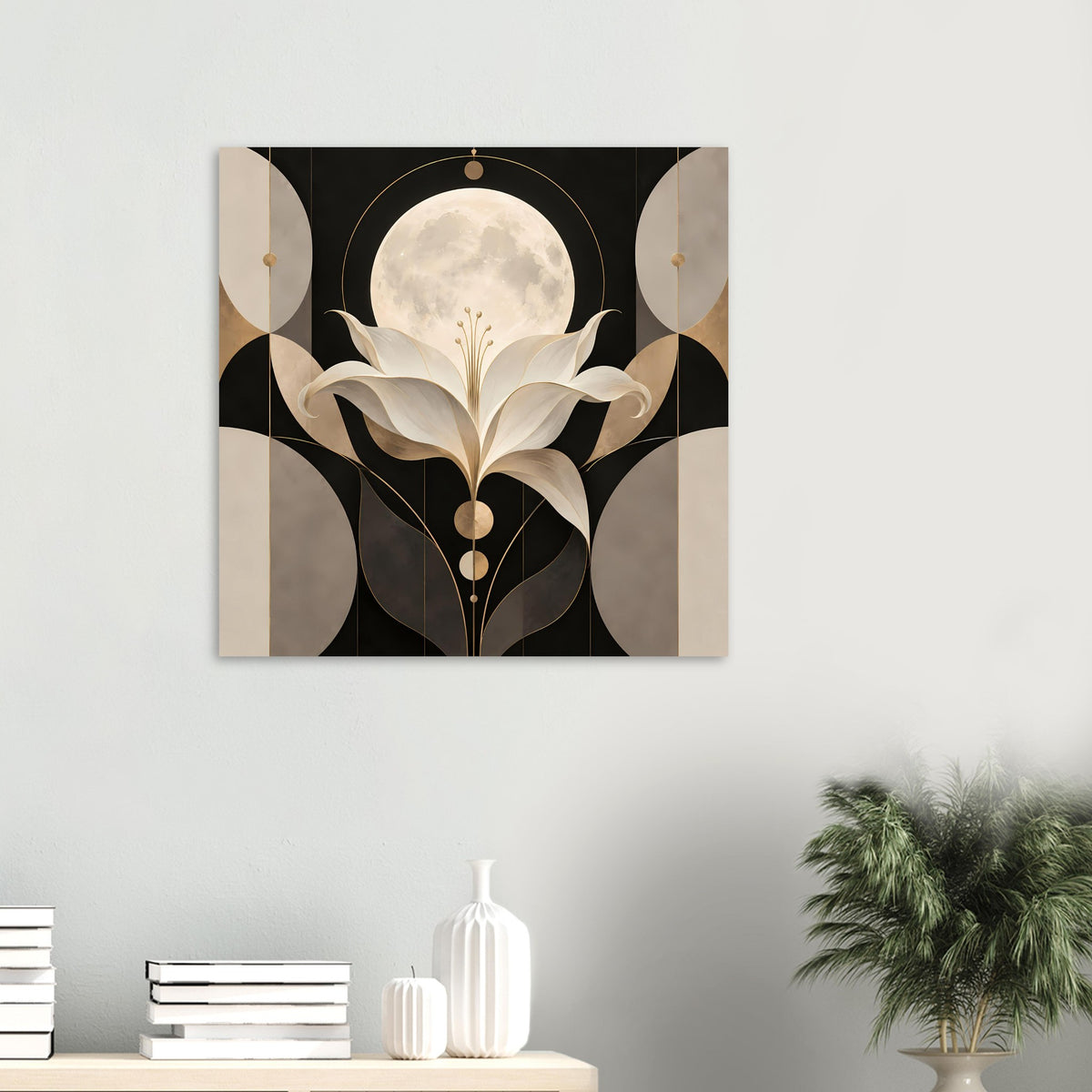 Art-déco-Poster mit Mondschein-Lilie in Gold und Creme