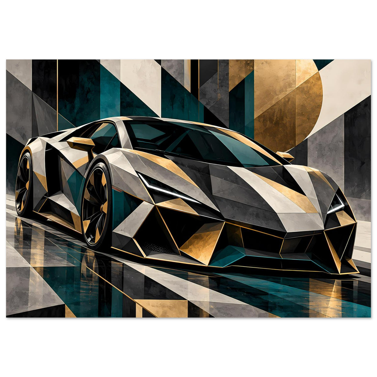 Autoposter mit geometrischem Luxus-Sportwagen in Gold, Petrol und Schwarz