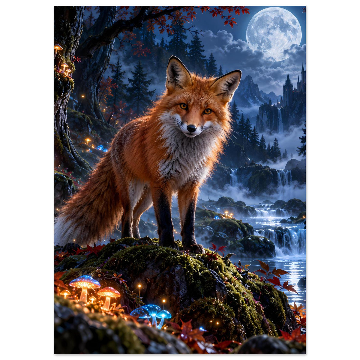 Mystische Waldszene mit Fuchs und leuchtenden Pilzen im Mondschein – Fantasy-Kunst