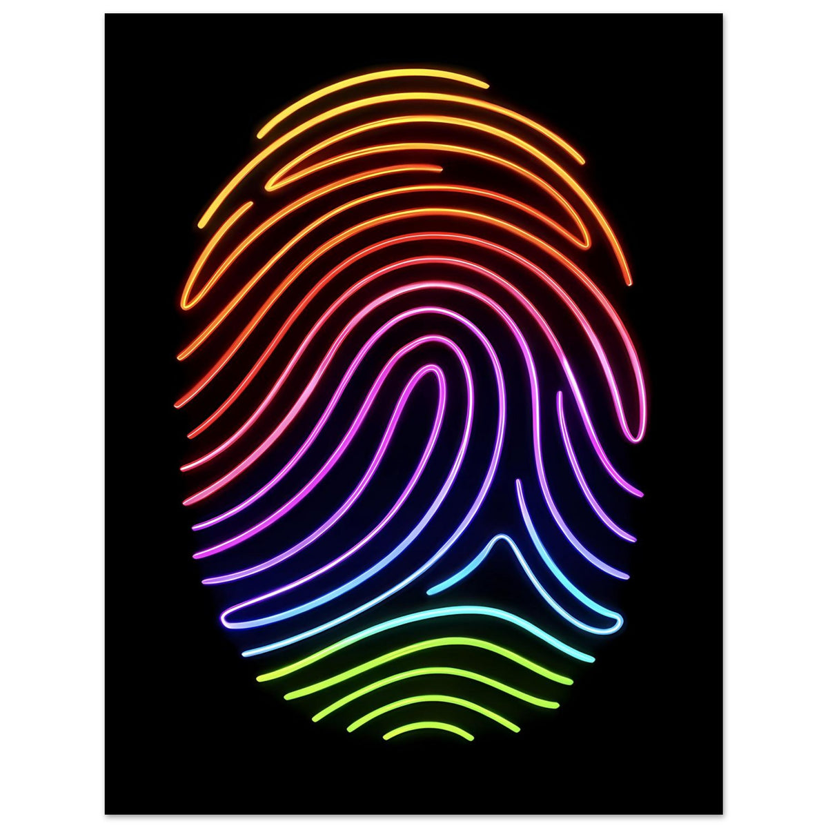 Neon-Regenbogen-Fingerabdruck-Poster mit Regenbogenkonturen, gerahmte Präsentation