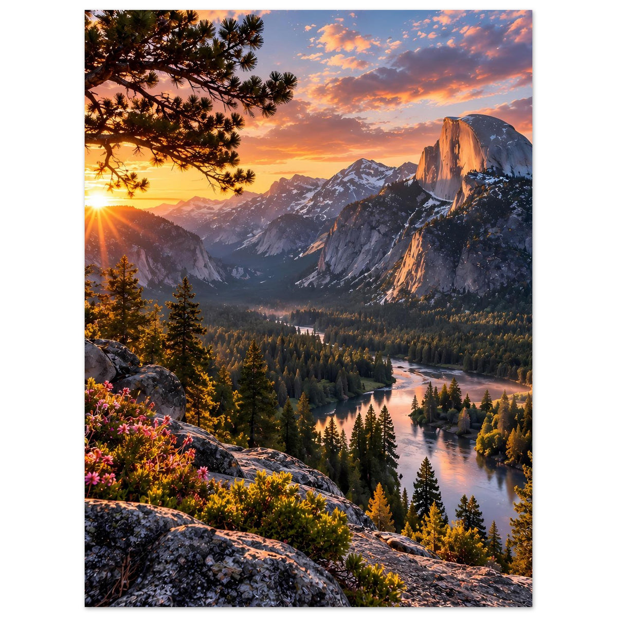 Hochformat-Poster mit Berglandschaft bei Sonnenuntergang: Flusslauf, Nadelbäume und Felswand