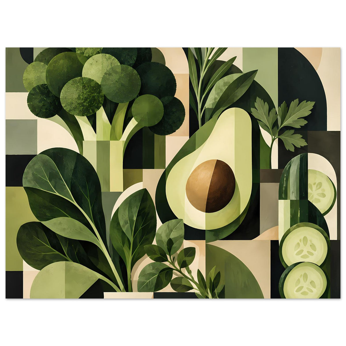 Geometrisches Poster mit Avocado, Palmenblättern und Gartenpflanzen, rechte Seite mit Scheiben