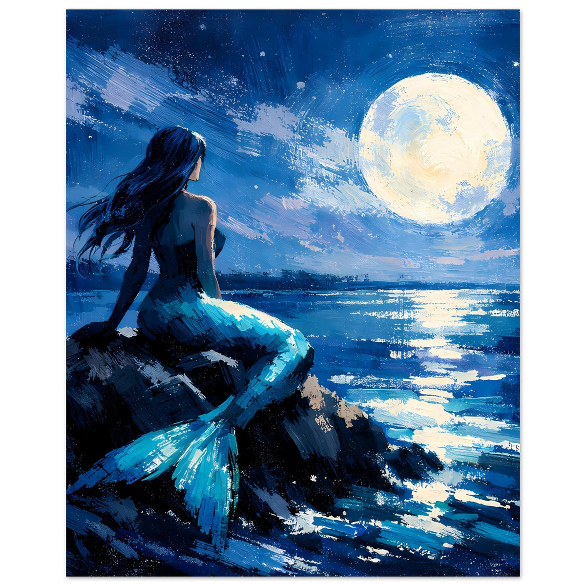 Mattes Poster im Querformat: Meerjungfrau blickt zum Vollmond über ruhig spiegelndem Wasser