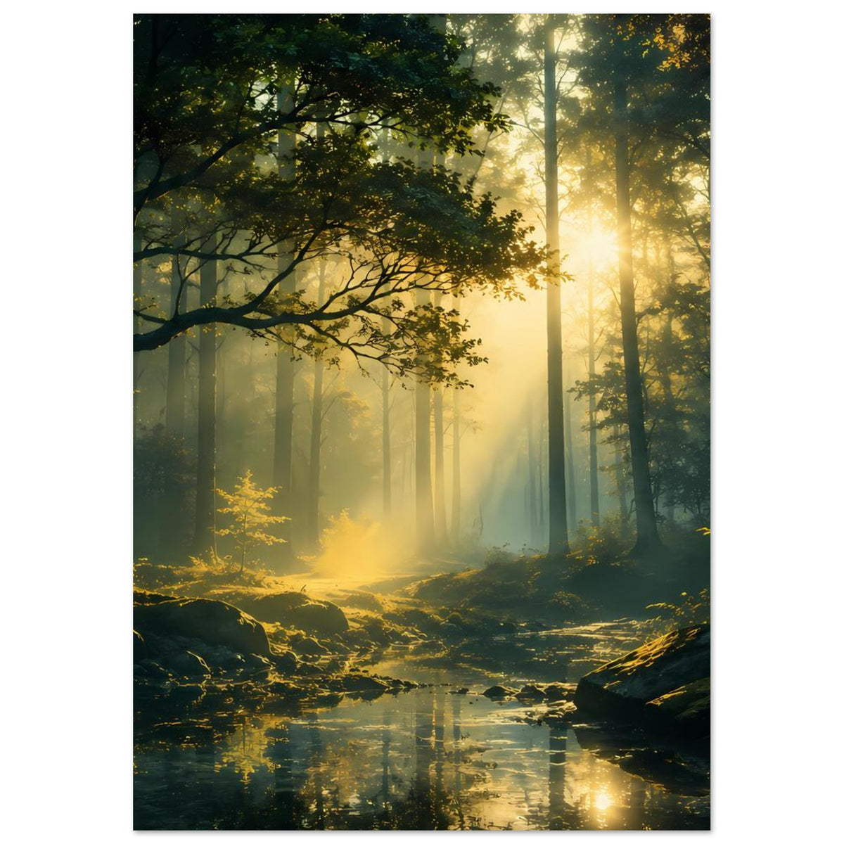Hochkantiges Poster: Lichtstrahlen zwischen hohen Bäumen, goldener Nebel, Bachspiegel.