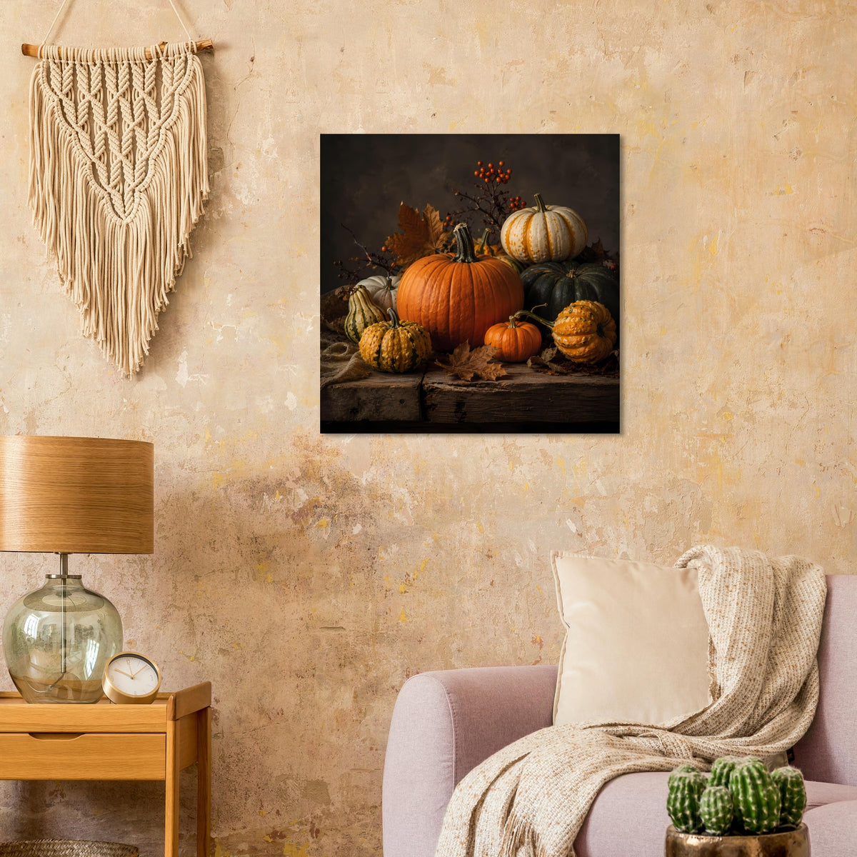 Premium-Poster mit großen orangefarbenen Kürbissen und kleinen Zierkürbissen, Herbstlaub