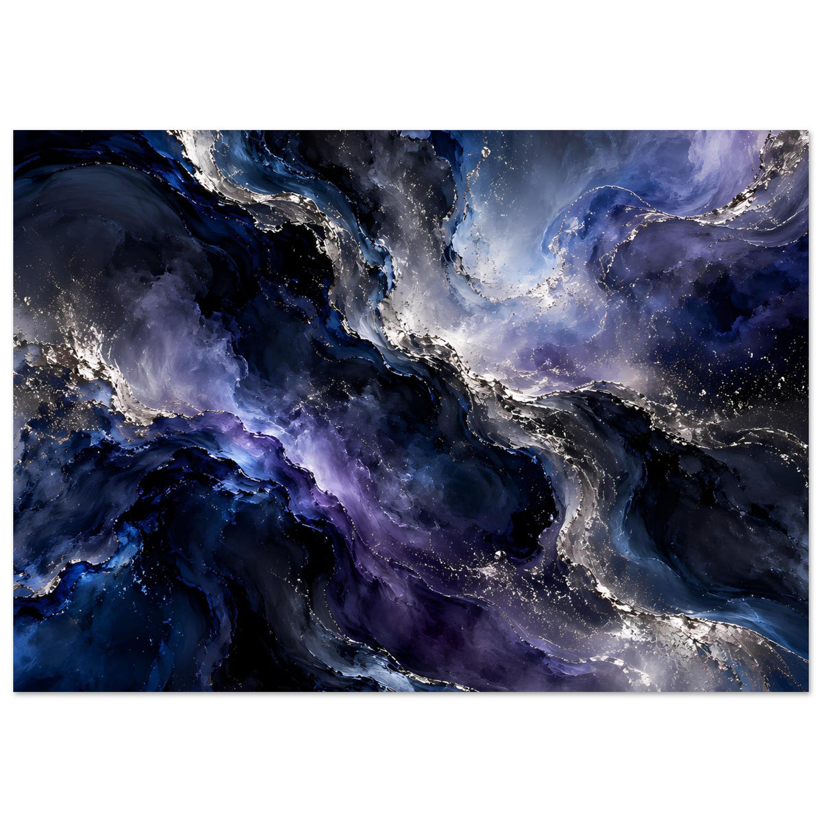 Weltraum-Poster im Querformat: helle Nebelspur in der Mitte, umrahmt von Blau