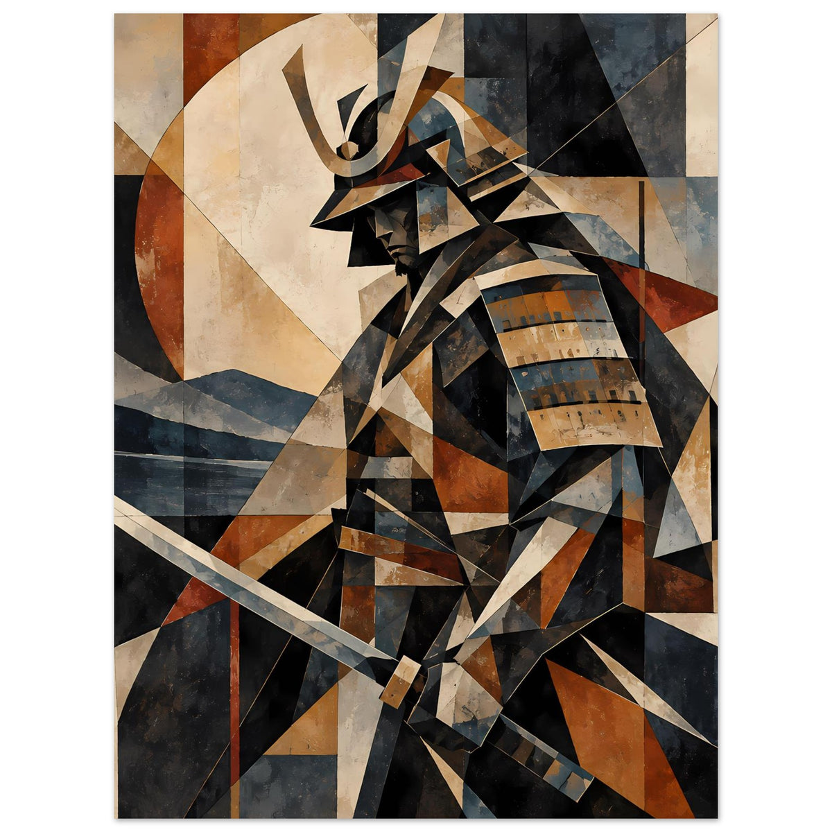 Poster mit geometrischem Samurai-Krieger, kantige Formen in Erdtönen und Blau