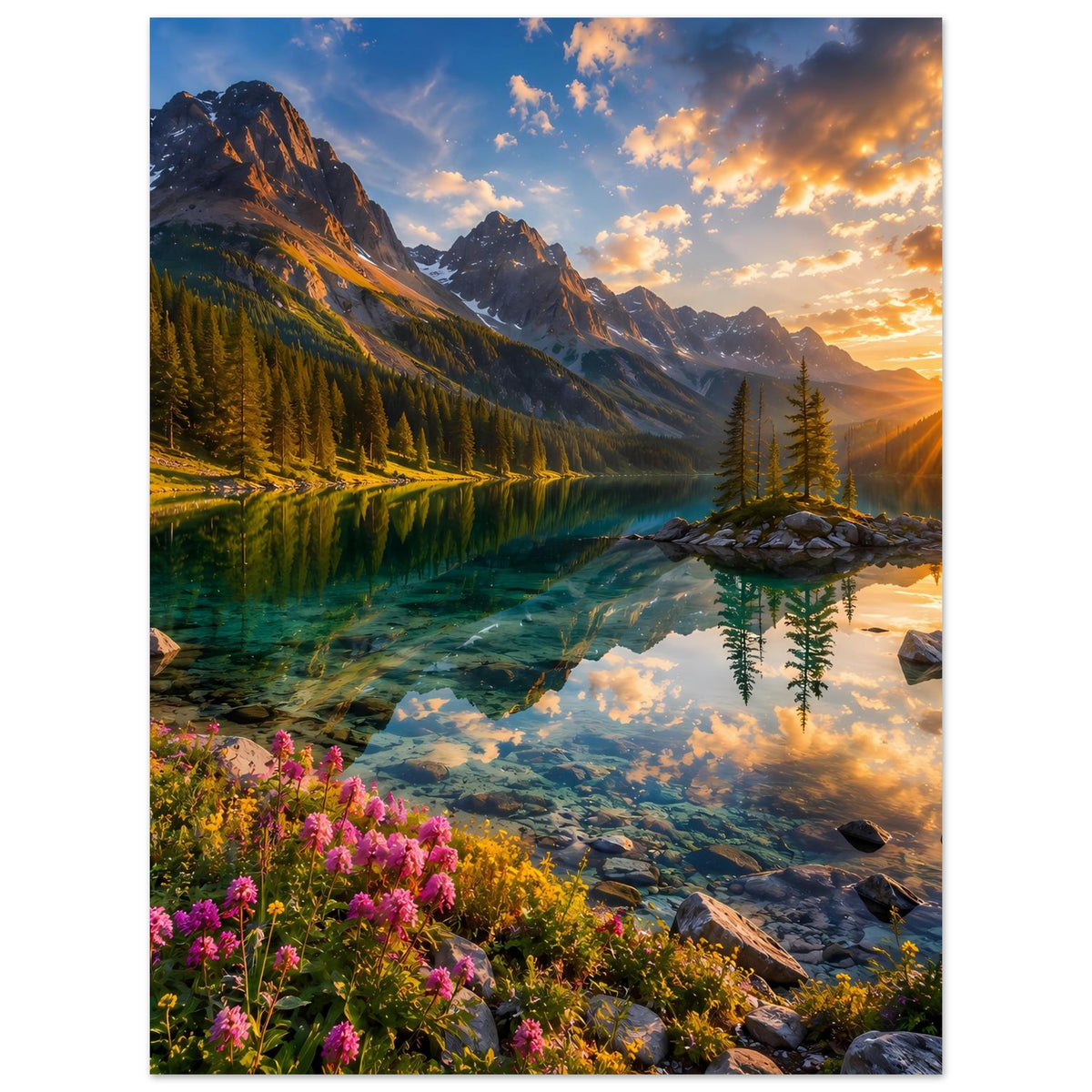 Wandposter mit Berglandschaft und Flusssee, Sonnenaufgangslicht und blühenden Pflanzen