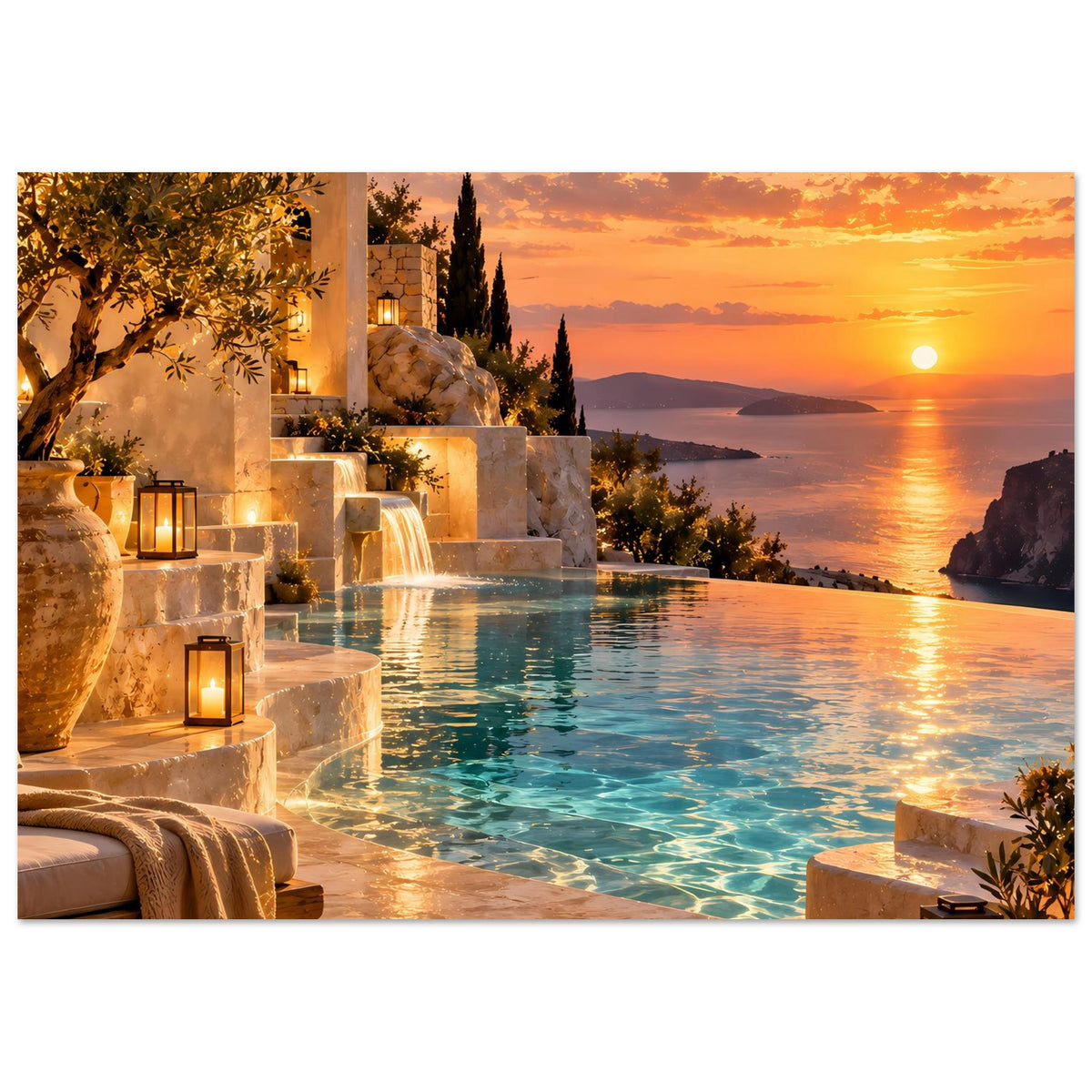 Maritimes Landschaftsposter: Pool mit Brunnen, Laternen und Sonnenuntergangslicht am Ufer