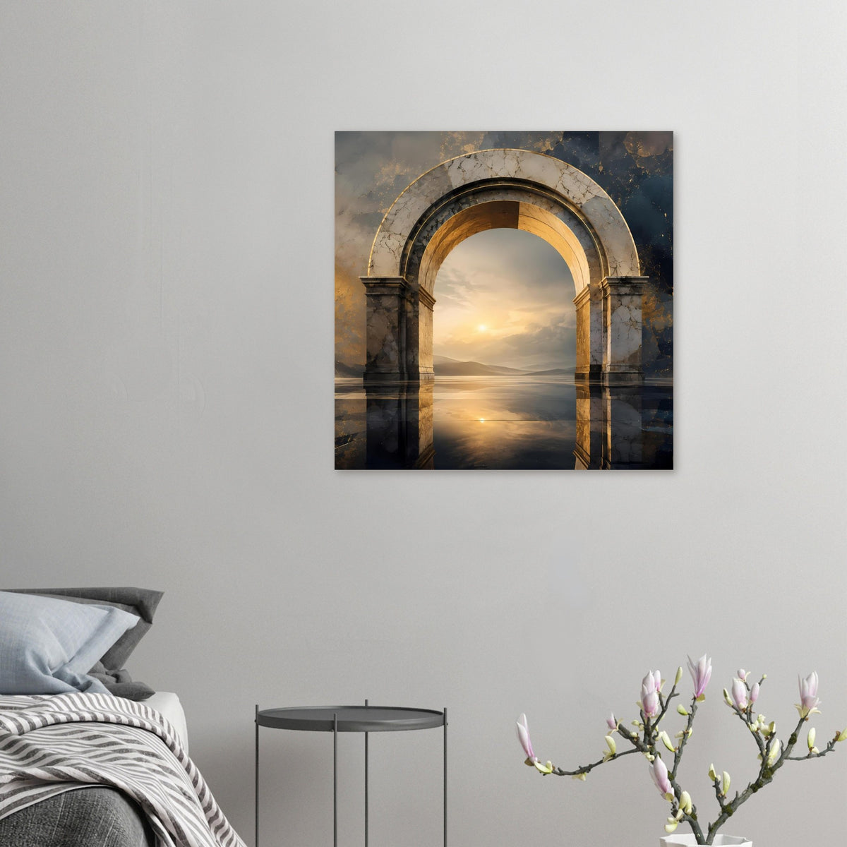 Wandposter mit rundem Gewölbebogen, goldener Abenddämmerung über ruhigem Wasser