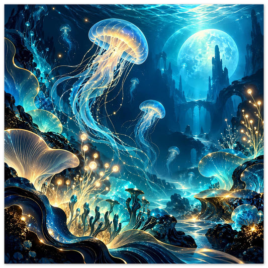 Quadratisches Unterwasserwelt-Poster mit Quallen, Korallen und goldenen Lichtpunkten in Blau