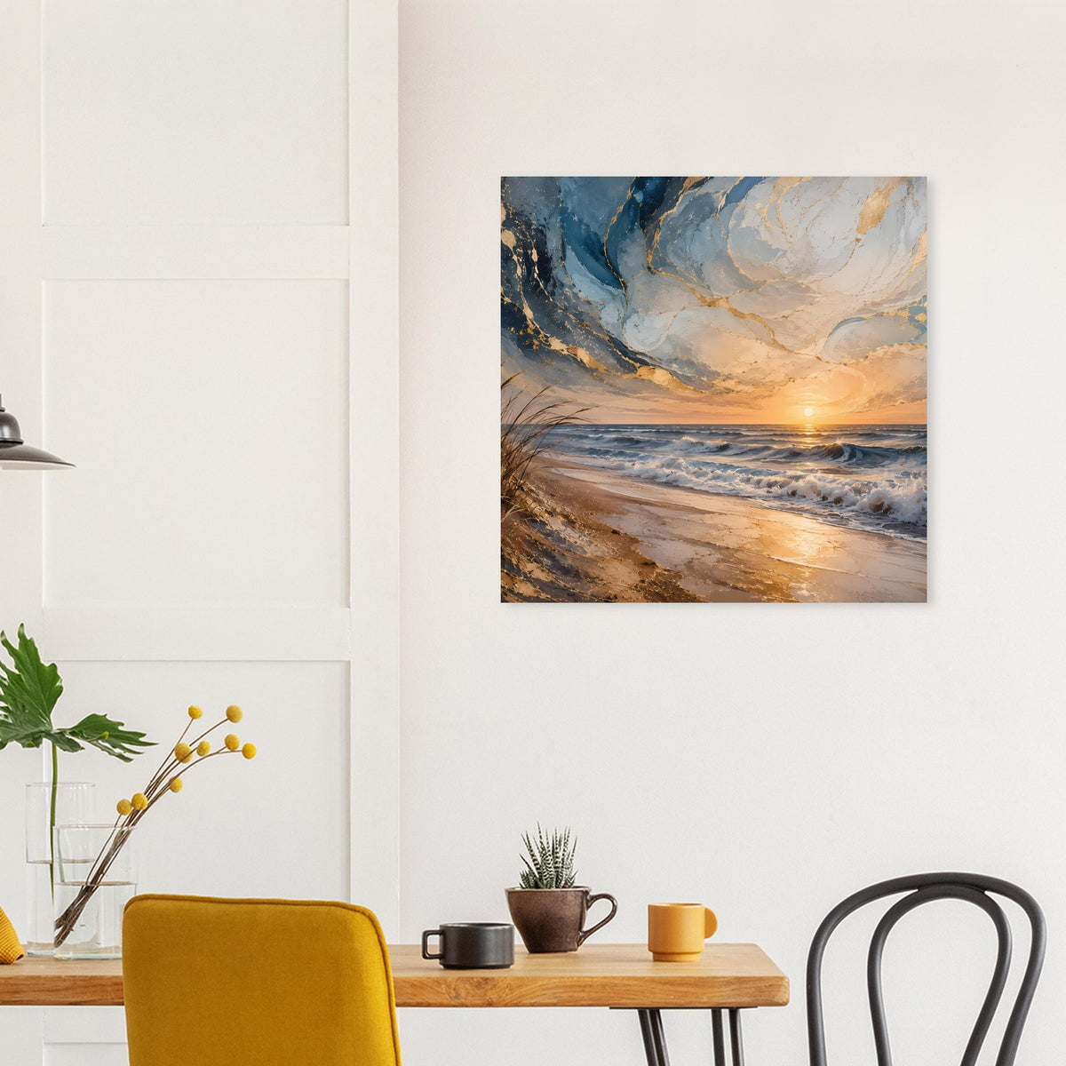 Quadratisches Poster mit Dünen und Meereswellen im Sonnenuntergang, Holzrahmen