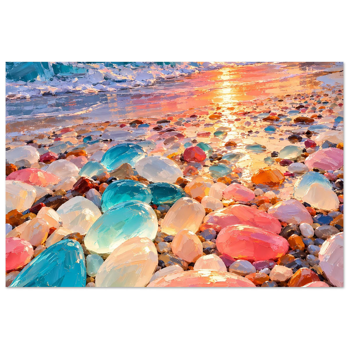 Wandposter mit Blick auf das Ufer: bunte Glassteine und reflektierendes Wasser