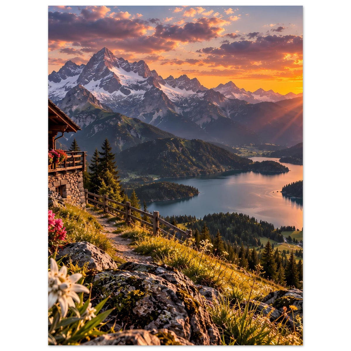 Poster mit Alpenlandschaft bei Sonnenuntergang, Berge, Seeufer und Blumen am Wegesrand