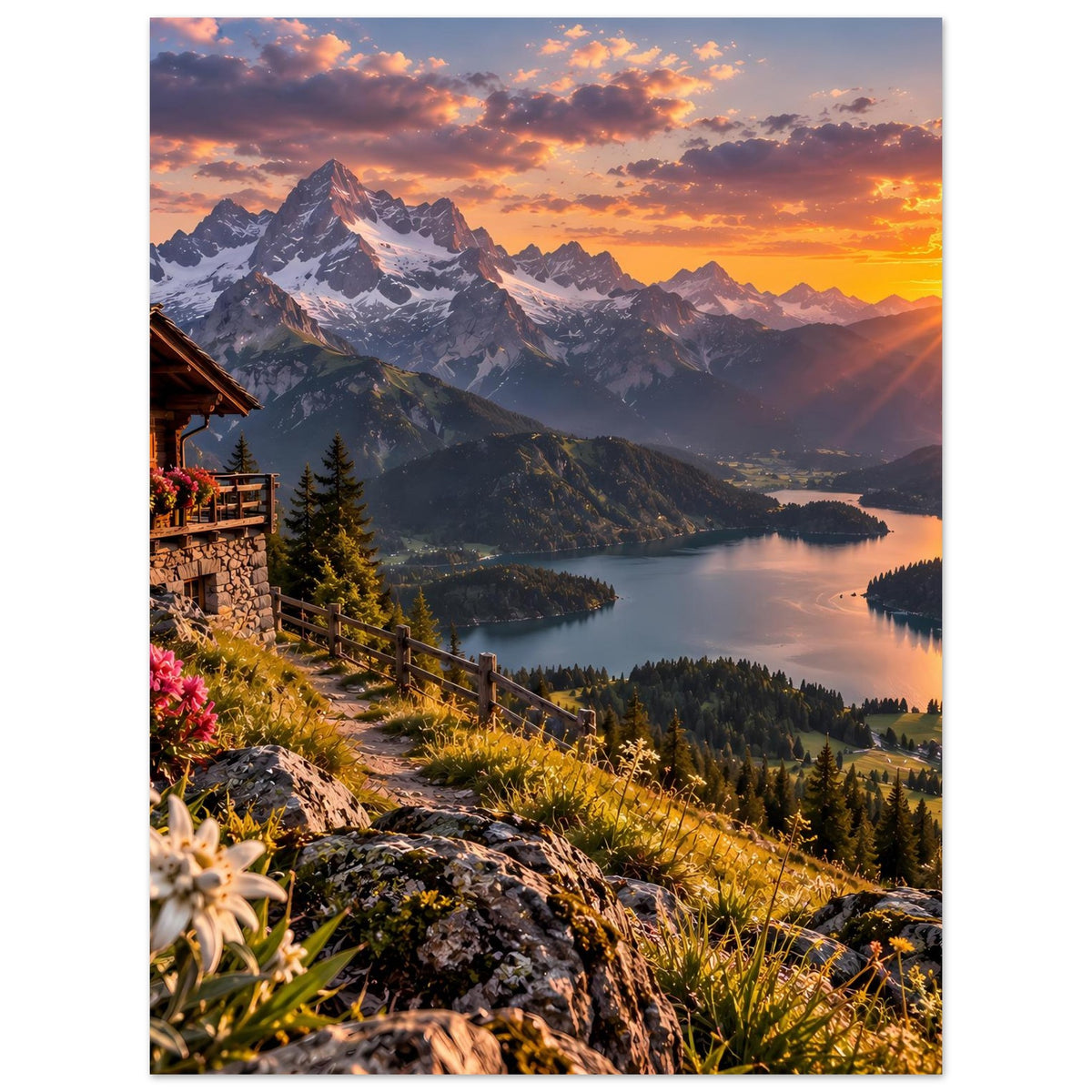 Poster mit Bergpanorama bei Sonnenuntergang, See und Hüttenweg, Blumen im Vordergrund