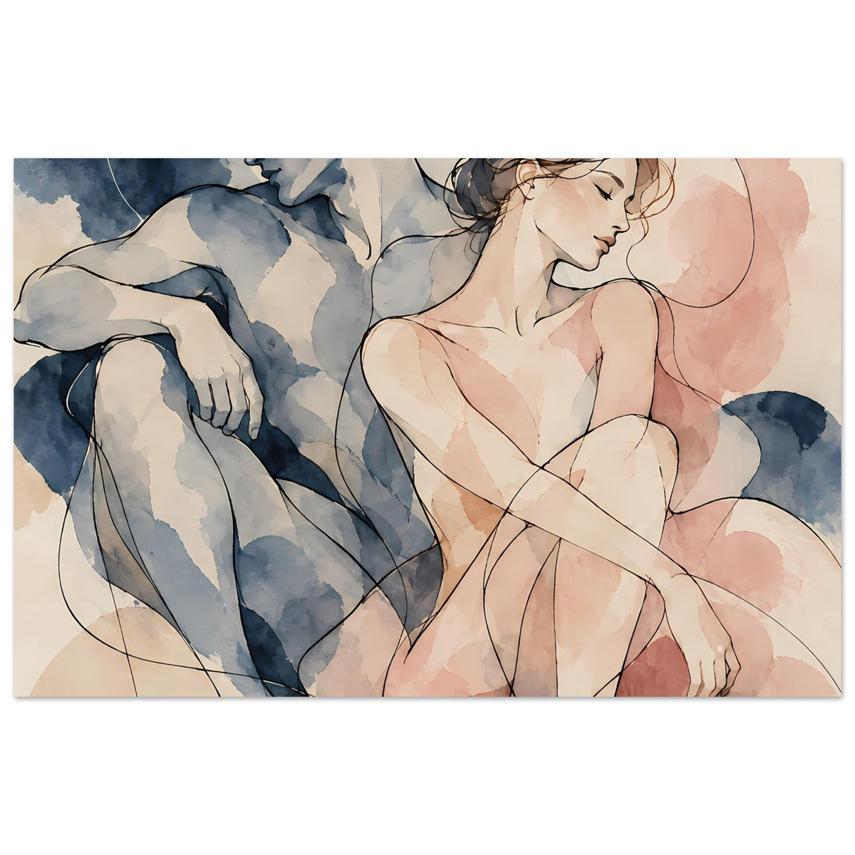 Aquarell-Paarposter im Querformat: umarmtes Paar, blau und rosa mit zarten Linien