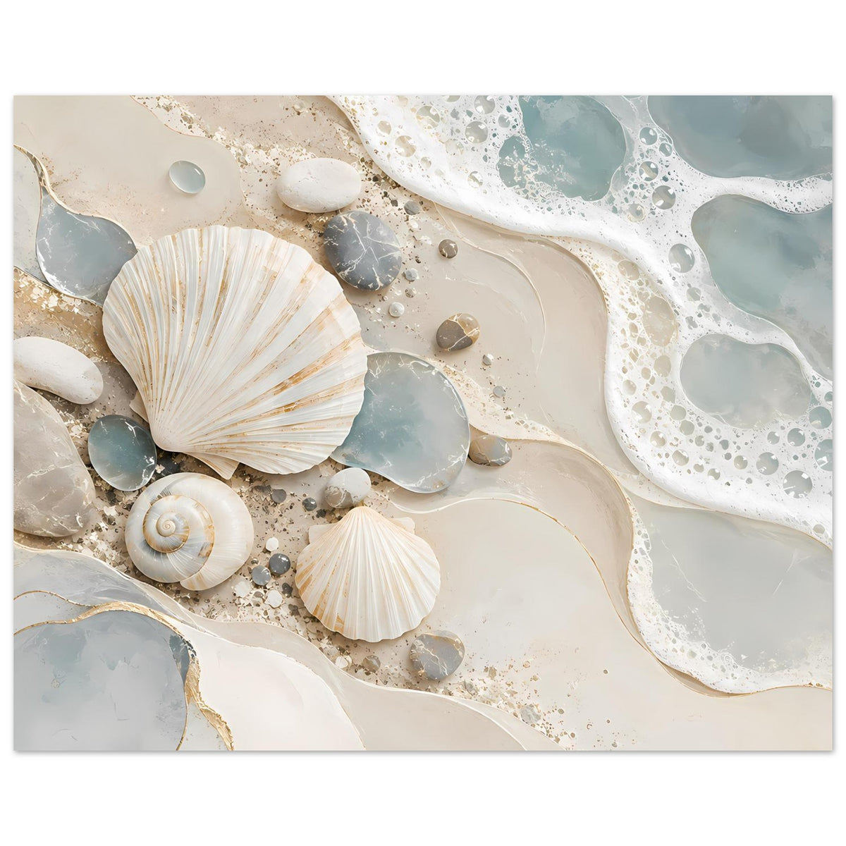 Küstenmotiv-Poster mit großem Muschelmotiv, Steinen und weißem Schaum entlang von Wasserwegen