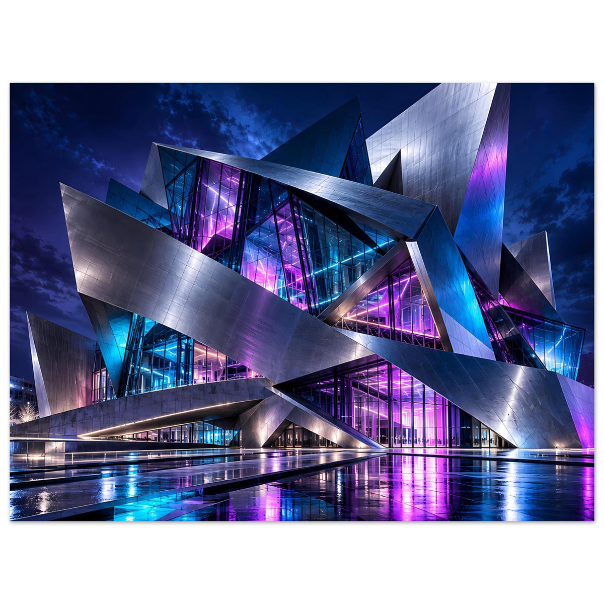 Futuristisches Architekturposter im Querformat: futuristisches Gebäude mit reflektierendem Blau-Lila Licht