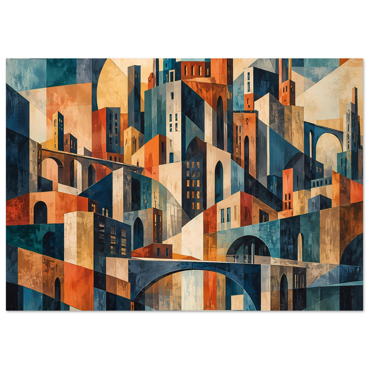 Geometrisches Stadtbild-Poster mit Brückenbogen, vielen Fenstern und warmen Blau-Orange-Tönen