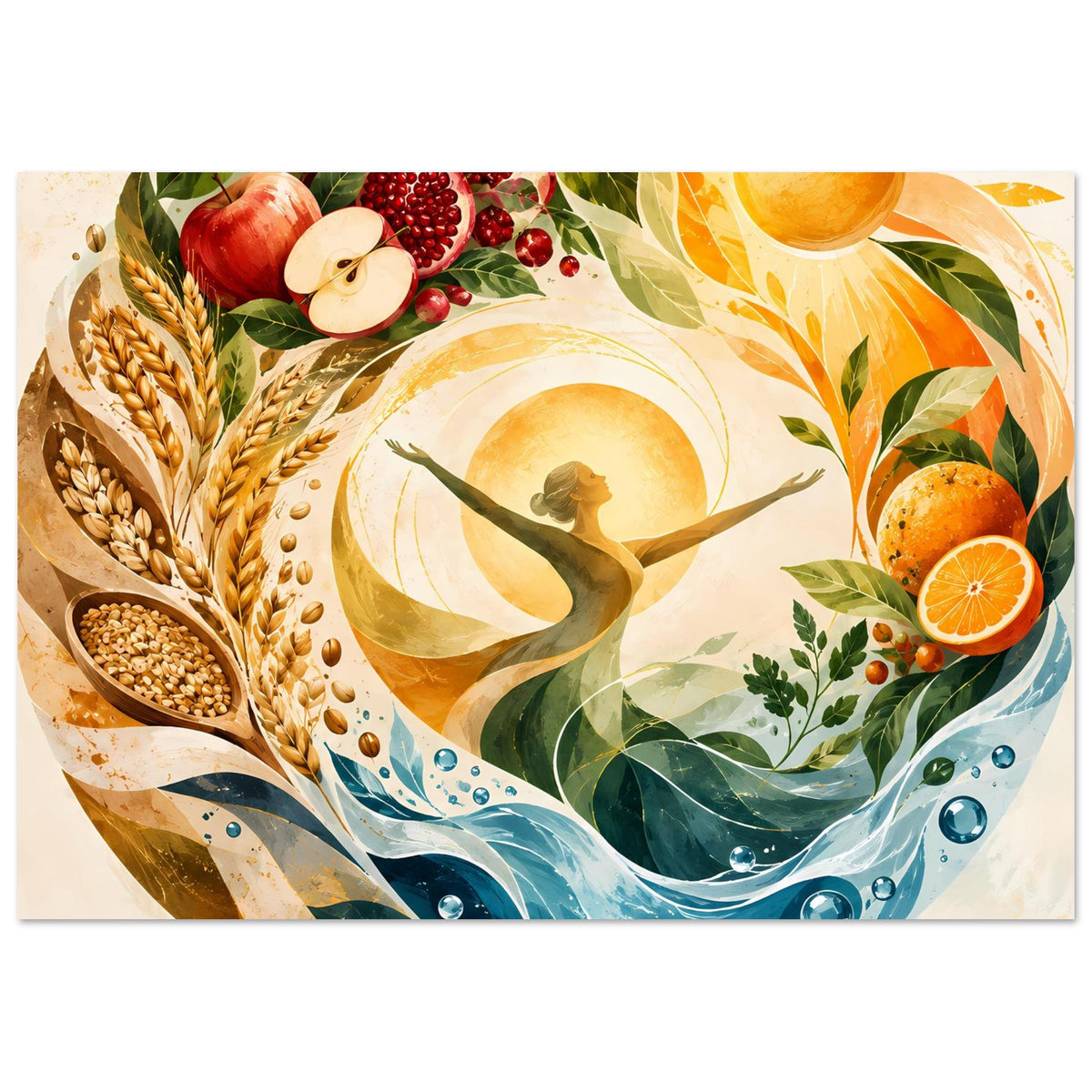 Poster im Fokus: Sonne, Wasserwellen mit Tropfen und Früchte; Frauensilhouette vor Blättern