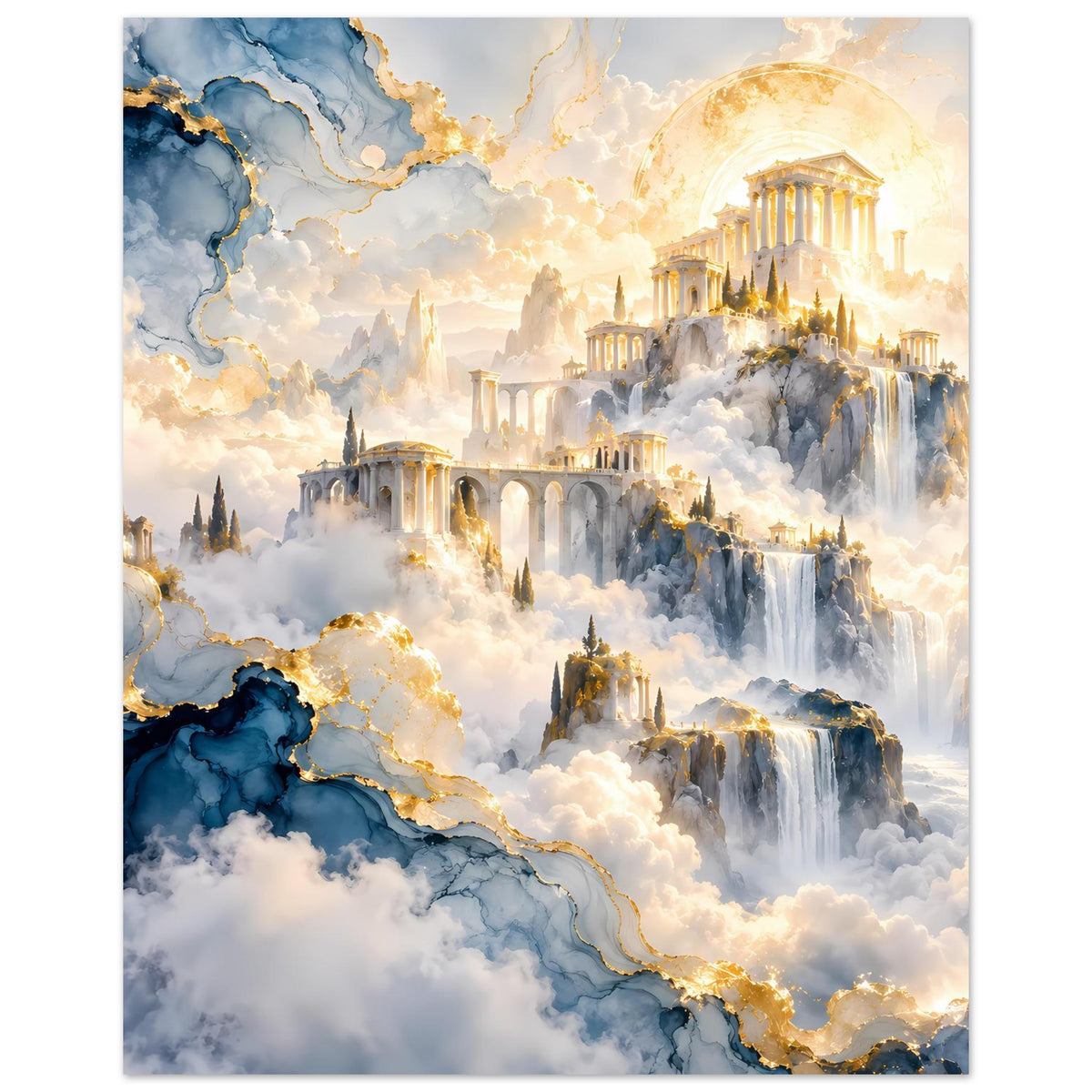 Vertikales Poster mit antiker Tempelanlage über Wolken, blau-goldenen Akzenten und Wasserfällen