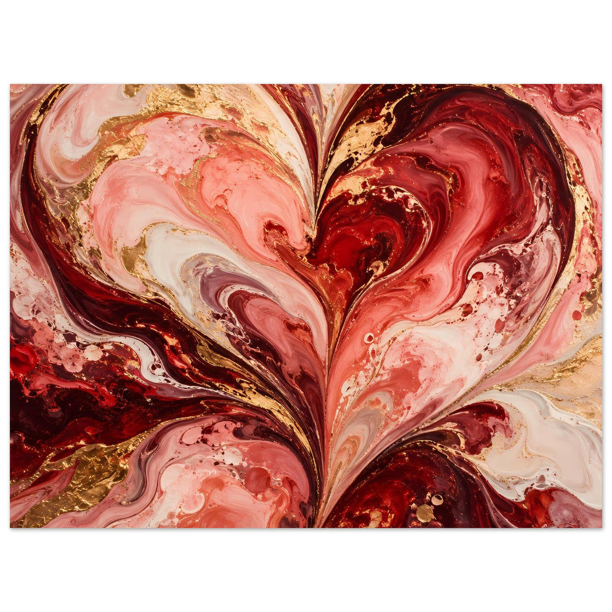 Abstraktes Herz-Liebesposter: konzentrierte Rot-Rosa-Wirbel mit goldenen Sprenkeln.