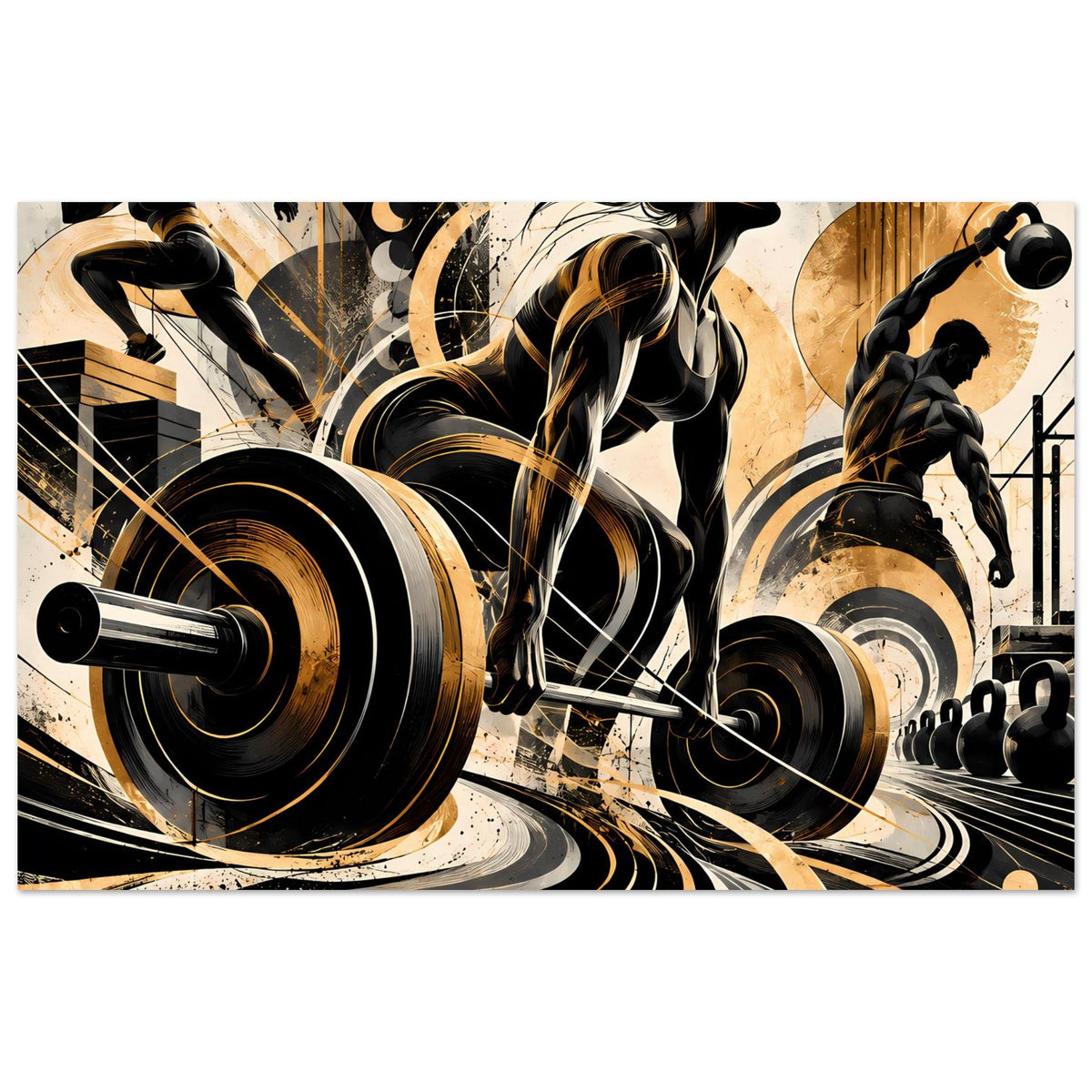 Fitness-Actionposter mit silhouettierten Sportlern, Langhantel und großen Gewichten in Gold und Schwarz
